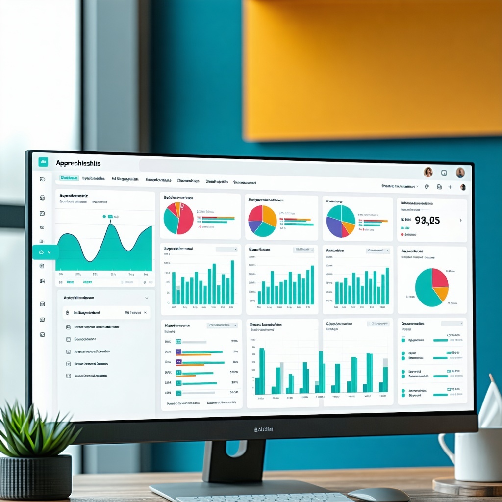 A modern professional dashboard on a sleek computer screen displaying vibrant data visualisations and interactive graphs The background is bright and clean with subtle hints of teal and aqua reflecting innovation and clarity Beside the monitor divers