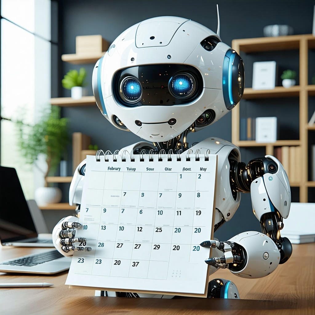 A robot in an office holding a calendar showing the month of February 2027