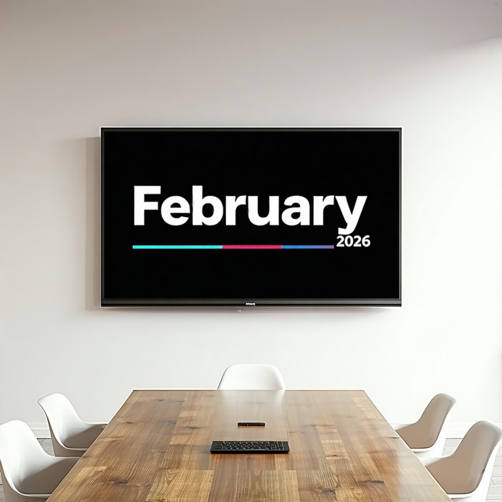 A tv mounted on a meeting room wall with February 2026 on it