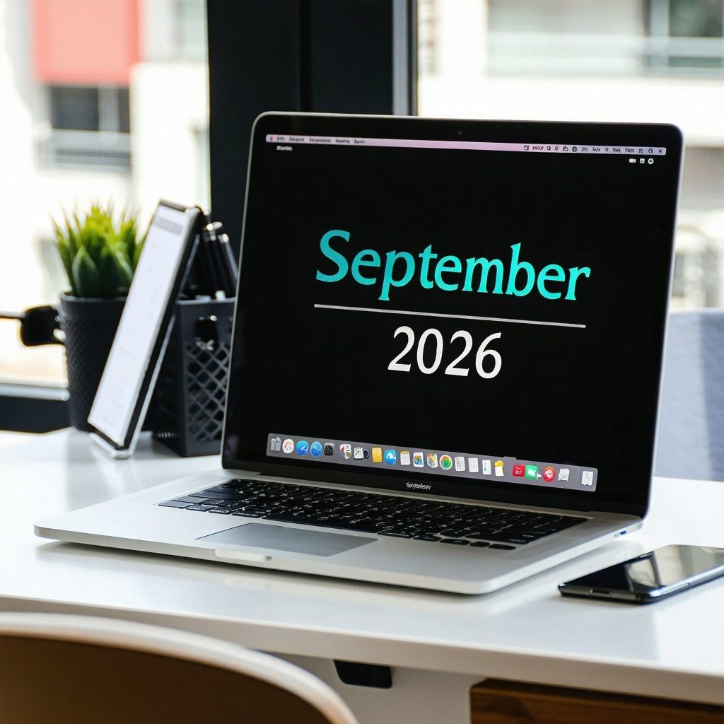 An apple macbook on an office desk with September 2026 on the screen