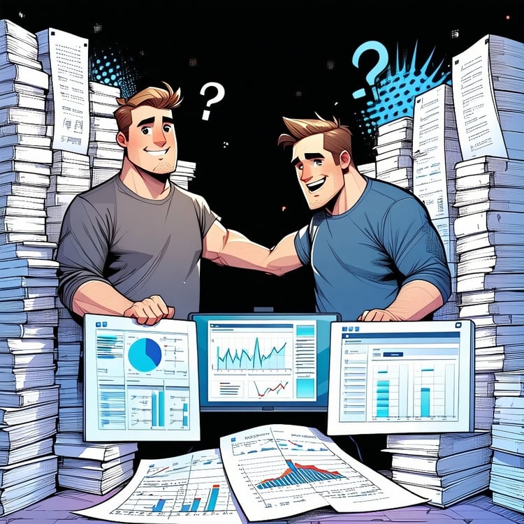 Two male founders Ben Ellison 42 athletic build and Chris Hodgens 51 more overweight build with a load of spreadsheets and a tv showing data dashboards between them trying to figure out how to move the data on the spreadsheets into the data dashboard